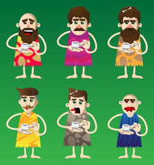 Cartoon man from a prehistoric era holding a cup of coffee. Vector illustration of a man from the stone age.