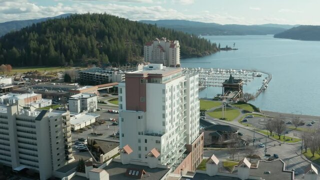Drone panorama of a high rise by the lake in Coeur d'Alene Idaho