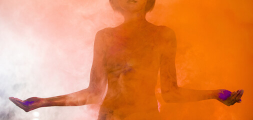 Fashion Asian Woman throws Colorful Dust and multi color Smoke stick