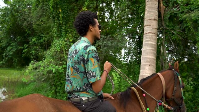 Young handsome man with brown horse. man riding horse