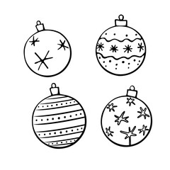 Set of Vector Christmas outline tree balls. Elements of New year and xmas design in doodle style, isolated. Simple hand drawn illustration for greeting cards, calendars, prints, coloring book