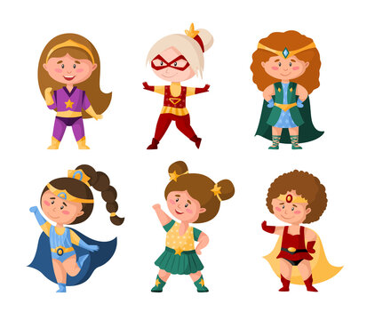 Superhero cartoon girls in super costumes, cute female characters isolated vector clipart on white background, superhero comic books baby girls, childish vector illustration set