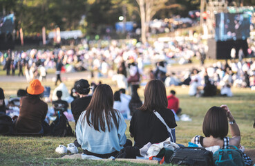 Girls friends watching concert in the park at open air sitting in front of stage - obrazy, fototapety, plakaty