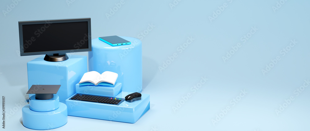 Poster digital online education. 3d render of computer. application learning on phone, mobile website backg