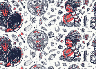 Naklejka premium Native American Indian old school tattoo style. Seamless pattern. Tribal culture and history. Traditional tattooing. Ethnic warrior girl, shamanic female, dream catcher, owl and old cherokee shaman
