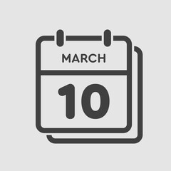 Icon day date 10 March, template calendar page