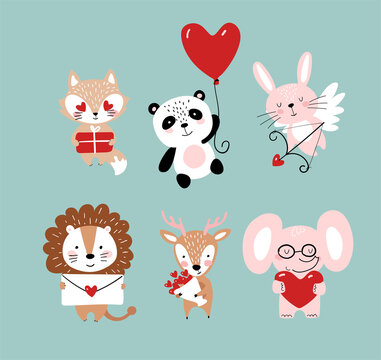 Set of cute animals for Valentine s Day. Elephant, panda, bunny with a heart. Romantic illustration, flat cartoon style