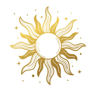 Sun, golden mystical logo, retro design. Vector drawings for tattoo, boho design, astrology, horoscope. Doodle illustration isolated on white background