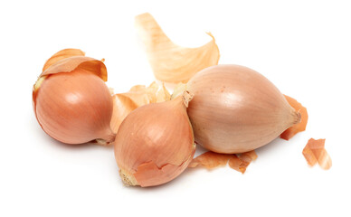 Onion and husk isolated on white background.