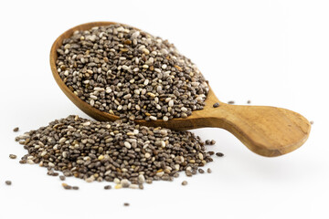 chia seeds in wooden spoon , Isolated on white background