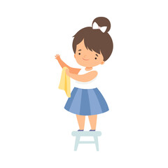 Cute Girl Standing on Chair with Rag Helping to Clean, Nature and Ecology Protection Concept Cartoon Style Vector Illustration