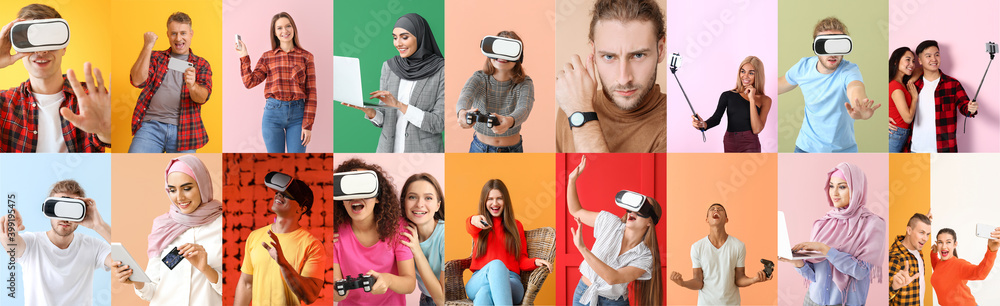 Aufkleber collage of photos with different people using devices on color background