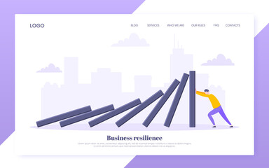 Fototapeta na wymiar Domino effect or business resilience metaphor vector illustration. Adult young man pushing falling domino line business concept of problem solving website template.