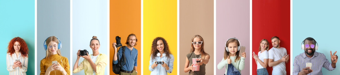 Collage of photos with different people using devices on color background