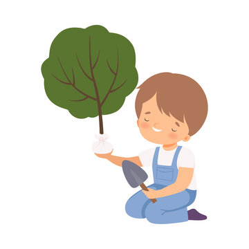 Cute Boy Planting Tree, Kid Helping Save the World, Nature and Ecology  Protection Cartoon Style Vector Illustration Stock Vector | Adobe Stock