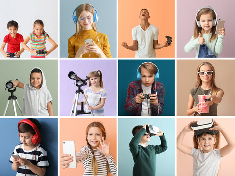 Collage of photos with different children using devices on color background