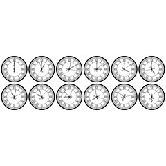 Clock with roman numerals. A collection of dials showing twelve hours and about one hour, two, three, four, five, six, seven, eight, nine, ten, eleven hours. Vector illustration.