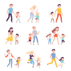 Fototapeta premium Parents Accompanying Their Children to School or Kindergarten Set, Parents and Kids Walking Together Holding Hands Cartoon Style Vector Illustration