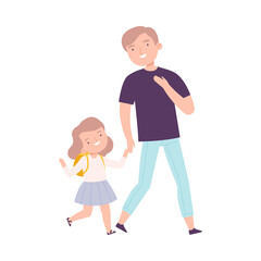 Dad Taking his Daughter to School or Kindergarten in Morning, Happy Father Accompanying Kid to Lessons Cartoon Style Vector Illustration