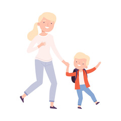 Happy Mom Taking her Son to Lesson, Parent and Kid Walking Together to School or Kindergarten in Morning, Cartoon Style Vector Illustration