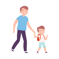 Dad Taking his Son to the School or Kindergarten, Parent and Kid Walking Together in Morning Cartoon Style Vector Illustration