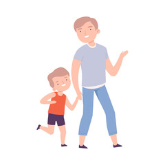 Dad Accompanying his Son to the School or Kindergarten, Parent and Kid Walking Together Holding Hands Cartoon Style Vector Illustration