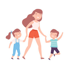 Mom Accompanying her Son and Daughter to the School or Kindergarten, Parent and Kids Walking Together Holding Hands Cartoon Style Vector Illustration