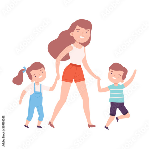 Mom Accompanying Her Son And Daughter To The School Or Kindergarten Parent And Kids Walking Together Holding Hands Cartoon Style Vector Illustration Wall Mural Topvectors Mom Accompanying Her Son And Daughter To The School Or Kindergarten Parent And Kids Walking Together Holding Hands Cartoon Style Vector Illustration Wall Mural Topvectors