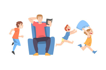 Obraz premium Calm Parent and Mischievous Children Running around him, Dad Reading Book among Running Naughty Kids Cartoon Style Vector Illustration