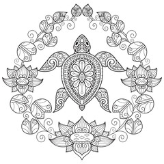 Turtle and lotus. Hand drawn sketch illustration for adult coloring book