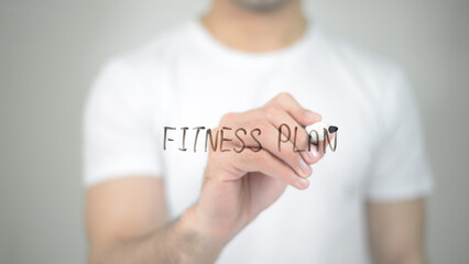 Fitness Plan, man writing on transparent screen
