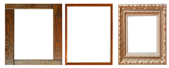 Set of gilded antique picture frames isolated on white background.