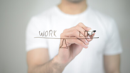 Work Balance Illustration, man writing on transparent screen