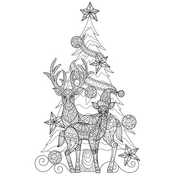 Two deer and Christmas tree. Hand drawn sketch illustration for adult coloring book