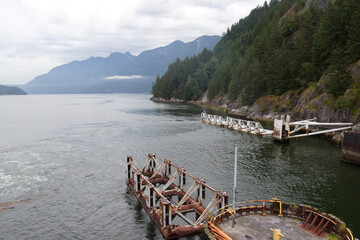 View of Horseshoe Bay Pier in West Vancouver with mountains in the background