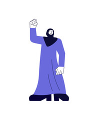 Confident strong arab woman raised her hand with fist. We Can Do and girl power. Vector Illustration isolated on white