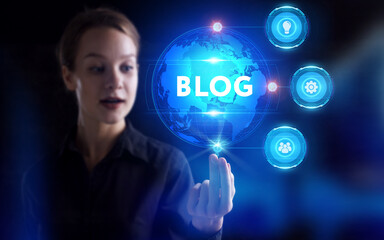 Business, Technology, Internet and network concept. Young businessman working on a virtual screen of the future and sees the inscription: Blog