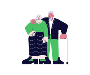 Elderly couple people standing together vector illustration. Afro Senior hugs his wife shoulders portrait