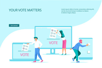 Landing webpage template of electronic voting. Tiny people put on their list newsletters to voting box on electoral internet system Vector Illustration
