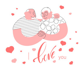 Happy Elderly Couple In Love vector illustration. I love you valentine card. Grandparents with red hearts on white background