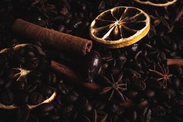 Coffe background with dried oranges and cinnamon - obrazy, fototapety, plakaty