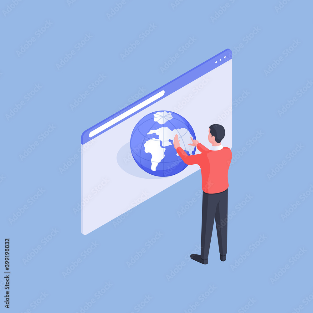 Poster man browsing 3d globe on website page