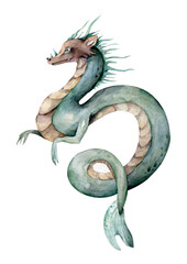 Obraz premium Cute green flying dragon Hand drawn watercolor nursery Isolated illustration on white background. Chinese symbol. Myth animal