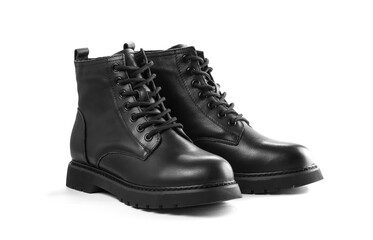 Black leather boots with laces. Close up. Isolated on a white background