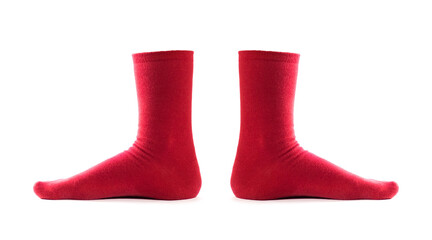Red socks on the leg. Close up. Isolated on a white background