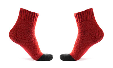 Red socks on the leg. Close up. Isolated on a white background
