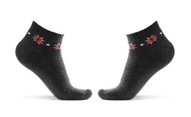Black short socks on the leg. Close up. Isolated on a white background