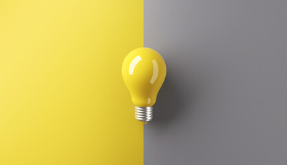 Ideas concepts, Creativity inspiration, White Lightbulb on grey and yellow background, copy space, 3d render.