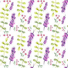 Watercolor illustration. Seamless pattern on a white background from light plants, green twigs, berries. Seamless pattern for print, background, fabric, etc.