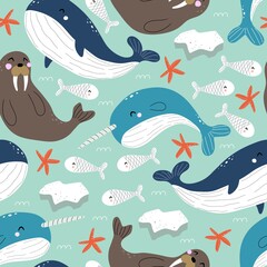 Obraz premium Seamless pattern with Arctic and Antarctic animals, decor elements. Colorful vector flat for kids. hand drawing. baby design for fabric, print, wrapper, textile